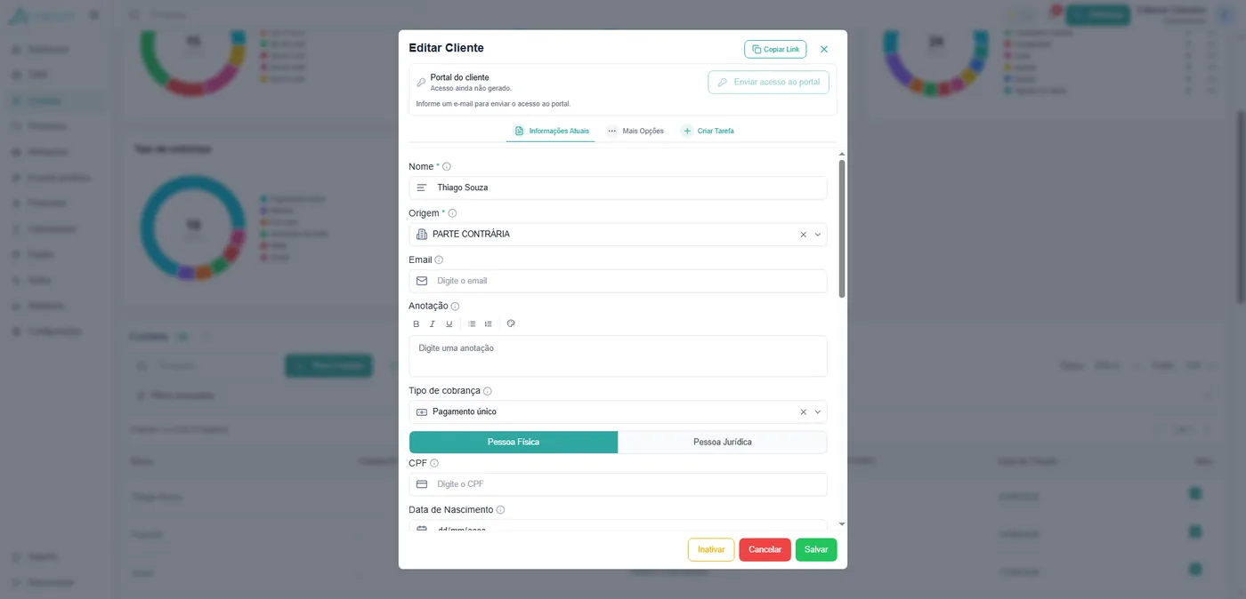Modal de edição de cliente na Araut com dados pessoais, contatos e tipo de cobrança